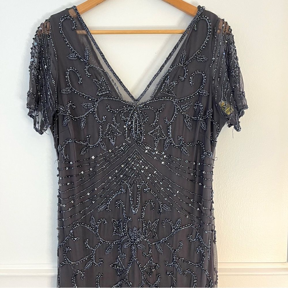 Pisarro Nights Beaded Long Short Sleeve Gown, Size 14, Charcoal Gray, NWT - Picture 4 of 11